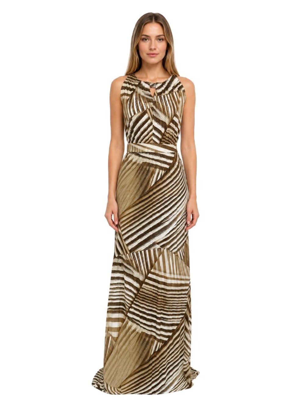 Chico’s Sz 3 Neutral Stripe Maxi Dress Boho Sleeveless Ruched Defined Waist